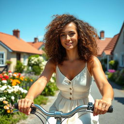 A stunning 39-year-old woman from Denmark with curly hair, riding a bicycle through a picturesque village