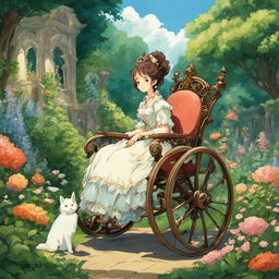 Studio Ghibli style character in an ornate Rococo wheelchair amidst a lush garden.