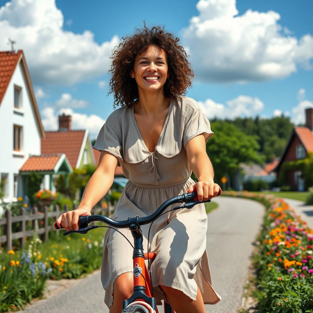 A stunning 39-year-old woman from Denmark with curly hair, riding a bicycle through a picturesque village