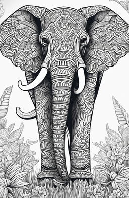 An intricate adult coloring book page featuring an elephant in a detailed savannah landscape filled with complex geometric patterns, mandala designs, and floral motifs