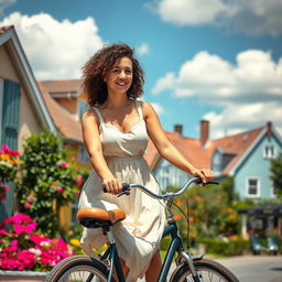 A captivating 39-year-old woman from Denmark with curly hair, elegantly riding a bicycle through a picturesque village