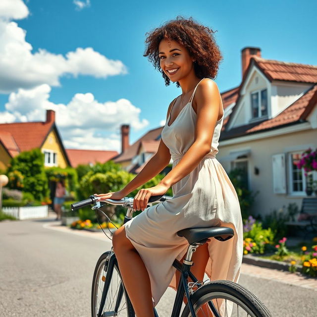 A captivating 39-year-old woman from Denmark with curly hair, elegantly riding a bicycle through a picturesque village