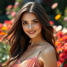 A stunning portrait of a young woman with fair skin and captivating brown eyes, her expression radiates confidence and joy