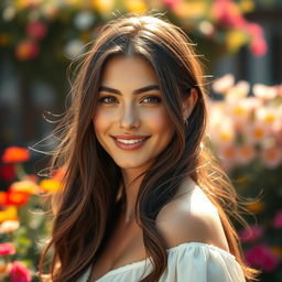 A stunning portrait of a young woman with fair skin and captivating brown eyes, her expression radiates confidence and joy