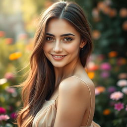 A stunning portrait of a young woman with fair skin and captivating brown eyes, her expression radiates confidence and joy
