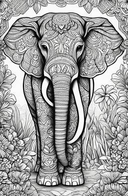 An intricate adult coloring book page featuring an elephant in a detailed savannah landscape filled with complex geometric patterns, mandala designs, and floral motifs