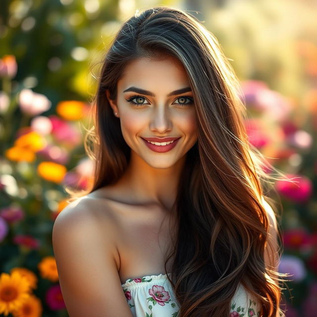 A stunning portrait of a young woman with fair skin and captivating brown eyes, her expression radiates confidence and joy