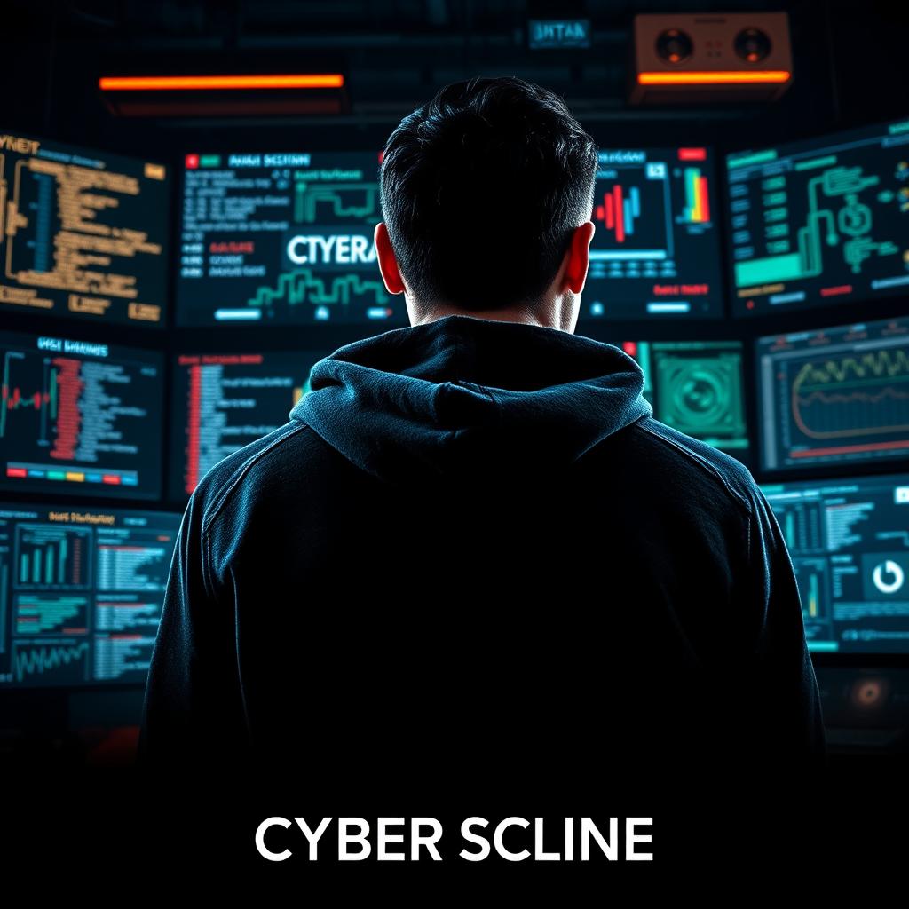 A gripping thriller movie poster featuring a man wearing a black hoodie, shown from the back with a determined posture as he works intently on a computer