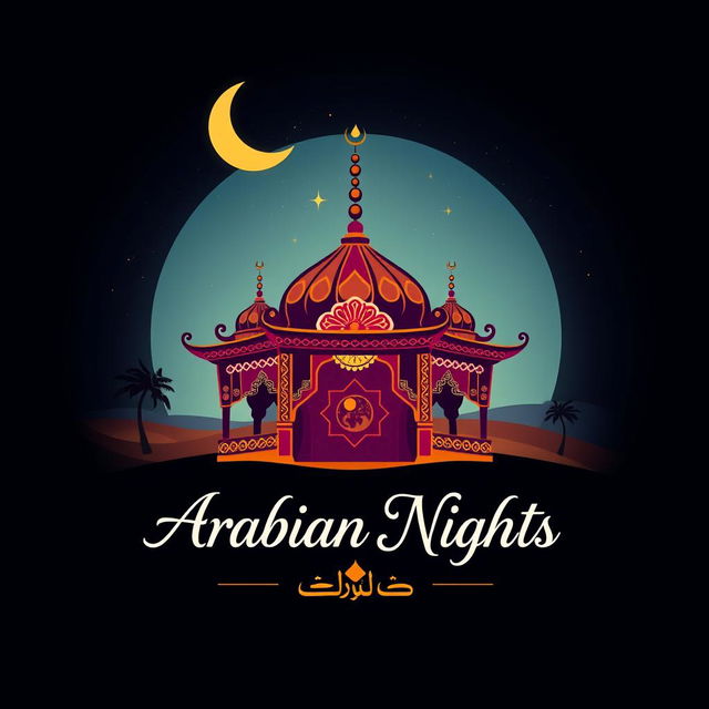 A beautifully designed logo inspired by the 'Arabian Nights' theme, featuring an elegant oriental tent