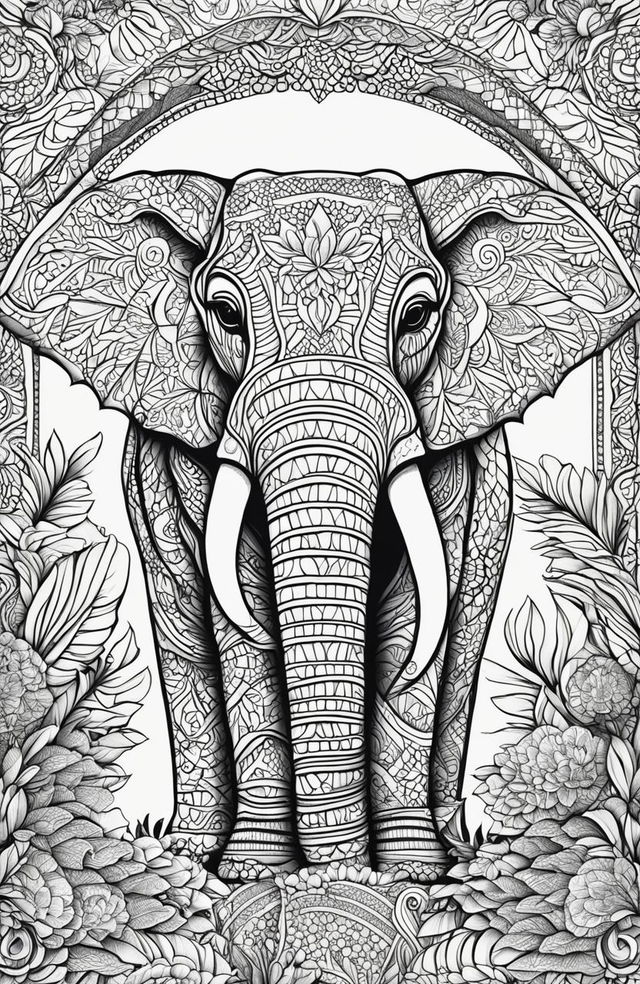 An intricate adult coloring book page featuring an elephant in a detailed savannah landscape filled with complex geometric patterns, mandala designs, and floral motifs