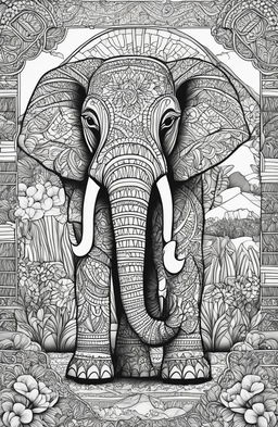 An intricate adult coloring book page featuring an elephant in a detailed savannah landscape filled with complex geometric patterns, mandala designs, and floral motifs