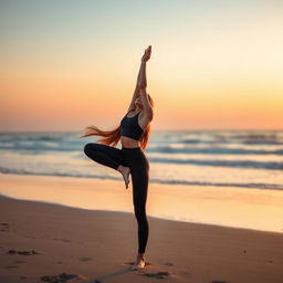 A captivating 36-year-old woman from Denmark practicing yoga on a beach at sunrise