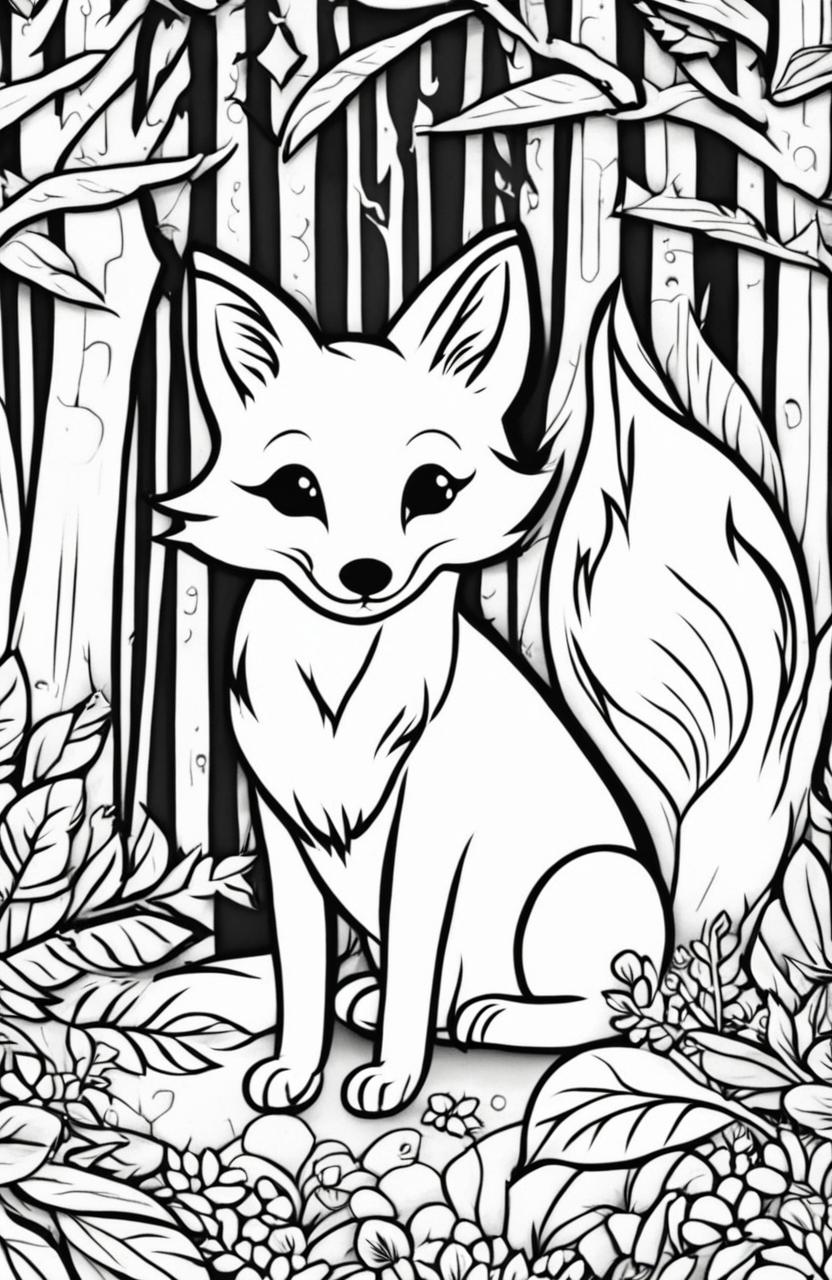 A cute fox sitting in a forest surrounded by woodland creatures on a colouring book page.