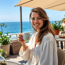 A stunning 38-year-old woman from Denmark with a relaxed style, enjoying a cup of coffee on a terrace overlooking the sea
