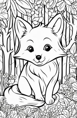 A cute fox sitting in a forest surrounded by woodland creatures on a colouring book page.