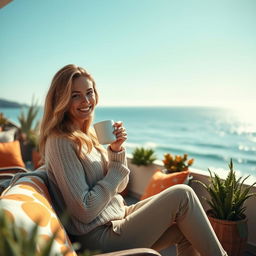 A stunning 38-year-old woman from Denmark with a relaxed style, enjoying a cup of coffee on a terrace overlooking the sea
