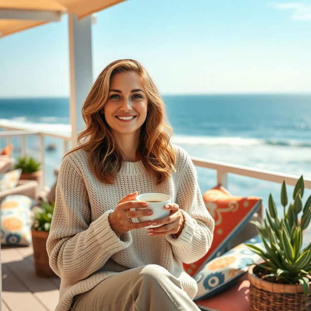 A stunning 38-year-old woman from Denmark with a relaxed style, enjoying a cup of coffee on a terrace overlooking the sea