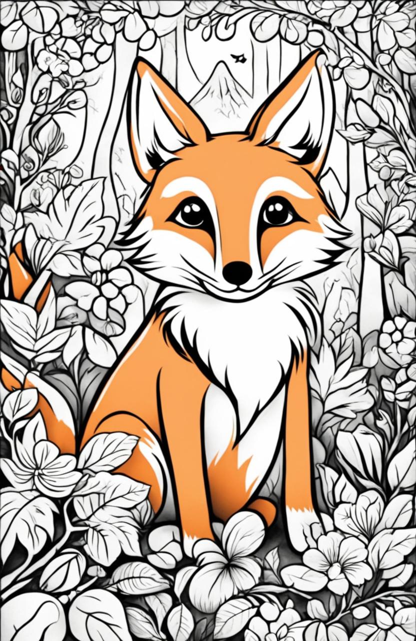 A cute fox sitting in a forest surrounded by woodland creatures on a colouring book page.