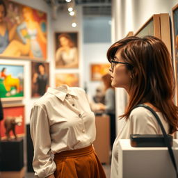 A captivating 35-year-old woman from Denmark with a contemporary hairstyle, attending an art exhibition