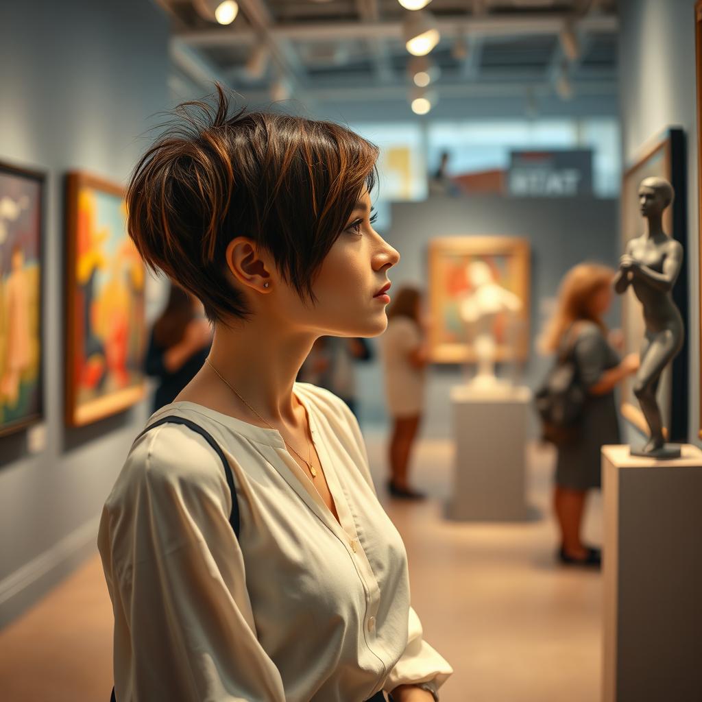 A captivating 35-year-old woman from Denmark with a contemporary hairstyle, attending an art exhibition