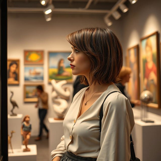 A captivating 35-year-old woman from Denmark with a contemporary hairstyle, attending an art exhibition