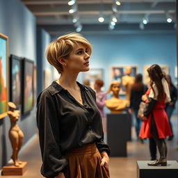 A captivating 35-year-old woman from Denmark with a contemporary hairstyle, attending an art exhibition