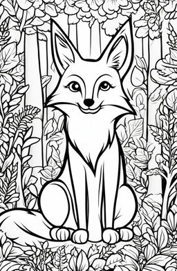 A cute fox sitting in a forest surrounded by woodland creatures on a colouring book page.