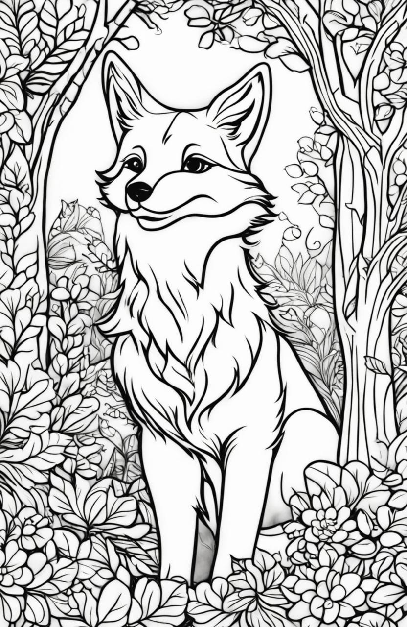 A playful fox in a forest setting on a colouring book page.