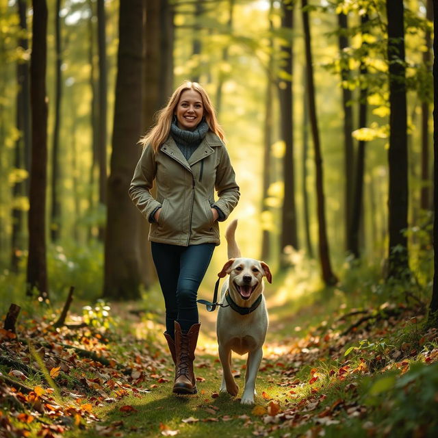 A captivating 37-year-old woman from Denmark walking her dog in a lush forest