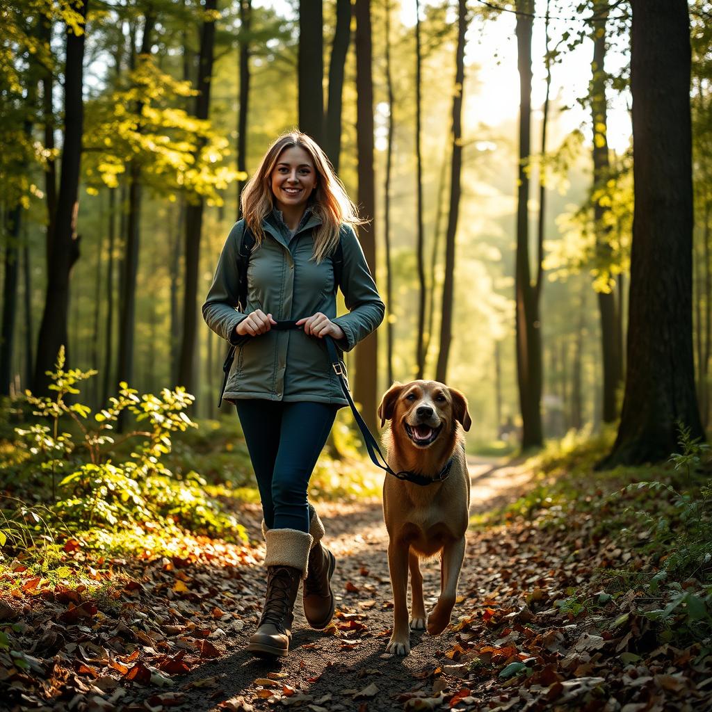 A captivating 37-year-old woman from Denmark walking her dog in a lush forest