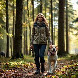 A captivating 37-year-old woman from Denmark walking her dog in a lush forest