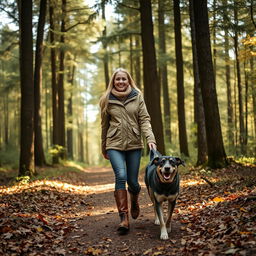 A captivating 37-year-old woman from Denmark walking her dog in a lush forest