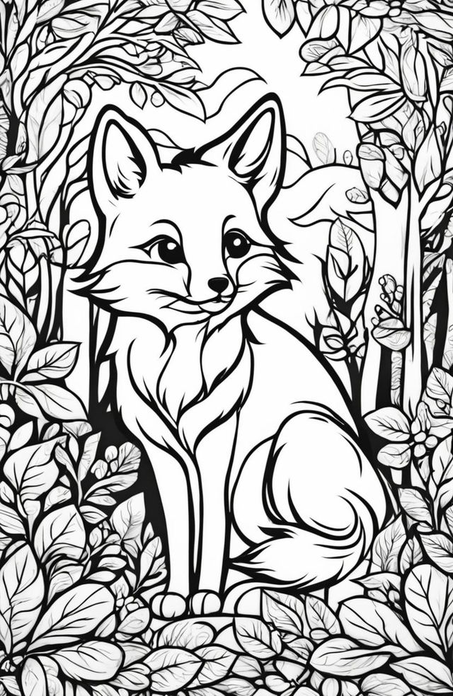 A playful fox in a forest setting on a colouring book page.