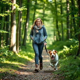 A captivating 37-year-old Danish woman walking her dog in a serene forest