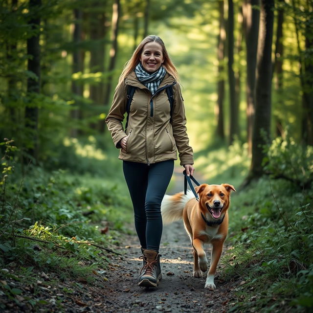 A captivating 37-year-old Danish woman walking her dog in a serene forest