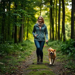 A captivating 37-year-old Danish woman walking her dog in a serene forest