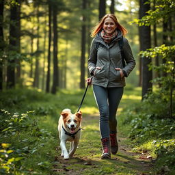 A captivating 37-year-old Danish woman walking her dog in a serene forest