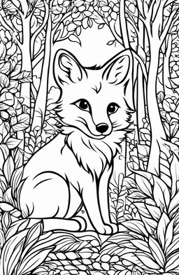 A playful fox in a forest setting on a colouring book page.