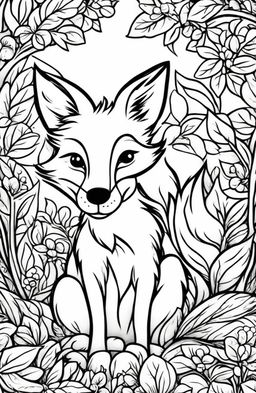 A playful fox in a forest setting on a colouring book page.