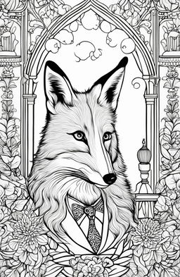 A Wes Anderson-inspired fox in a whimsical setting on a colouring book page.