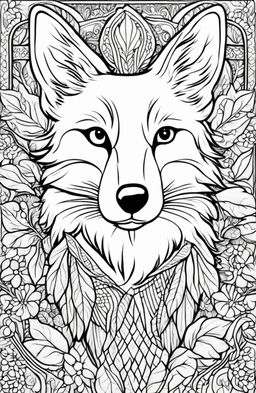 A Wes Anderson-inspired fox in a whimsical setting on a colouring book page.