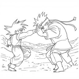 Goku and Naruto engaged in an epic battle in a vast desert landscape, depicted from a side view
