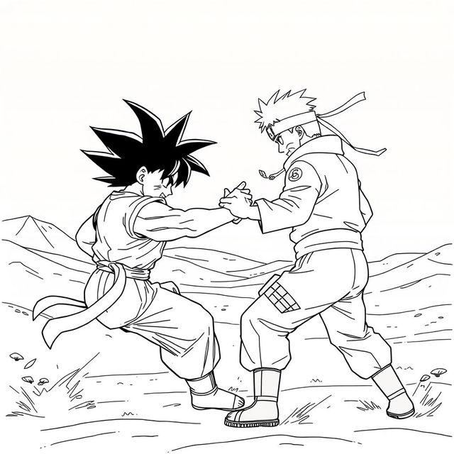 Goku and Naruto engaged in an epic battle in a vast desert landscape, depicted from a side view