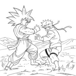 Goku and Naruto engaged in an epic battle in a vast desert landscape, depicted from a side view