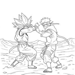 Goku and Naruto engaged in an epic battle in a vast desert landscape, depicted from a side view