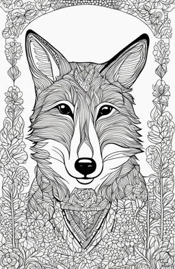 A Wes Anderson-inspired fox in a whimsical setting on a colouring book page.