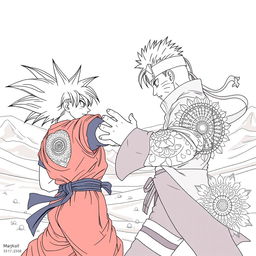 Goku and Naruto engaged in an epic battle in a vast desert landscape, portrayed from a side view