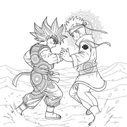 Goku and Naruto engaged in an epic battle in a vast desert landscape, portrayed from a side view