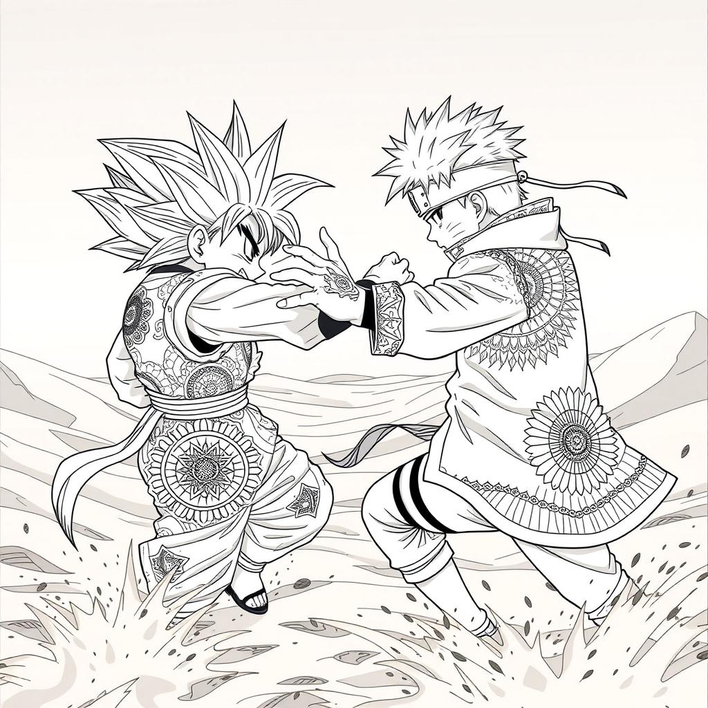 Goku and Naruto engaged in an epic battle in a vast desert landscape, portrayed from a side view