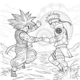 Goku and Naruto engaged in an epic battle in a vast desert landscape, portrayed from a side view